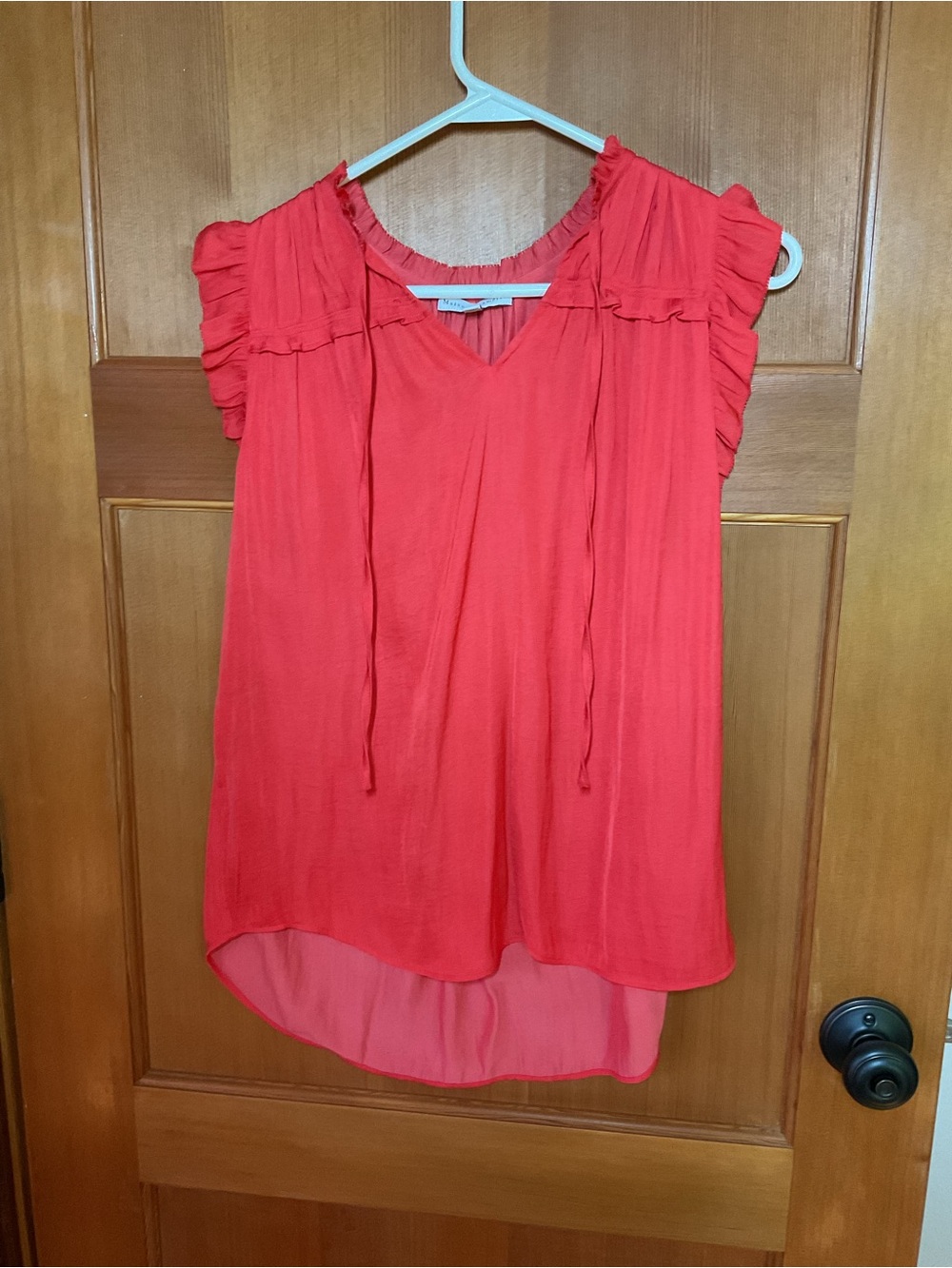 Ruffle-Sleeve V-Neck Blouse in Coral Red